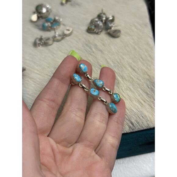 Native American Sterling Silver Blue Ridge Turquoise Triple Dangle Post Earrings - Picture 2 of 6